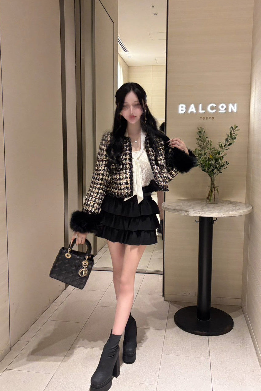 苺フレイバー★Chloe ツイードジャケット COEL（コエル） ジャケット ノーカラージャケット 千鳥柄ツイード