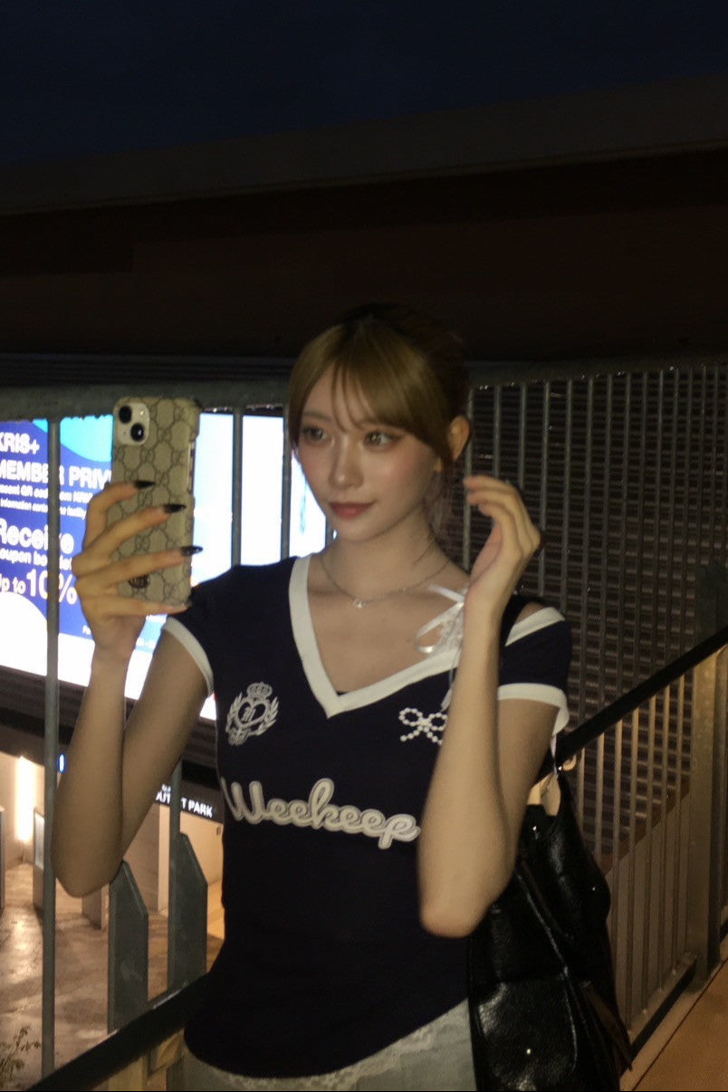 リボンオフショルユニークTシャツ KR10981