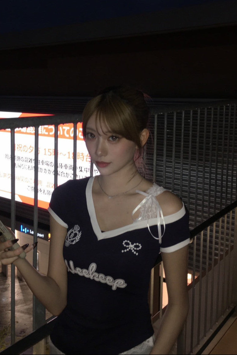 リボンオフショルユニークTシャツ KR10981