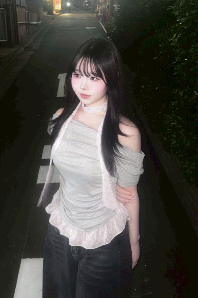 チェックフリルオフショルダートップス KR11923