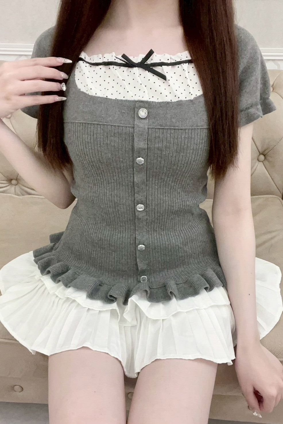 リボンスティッチスクエアネックトップス KR11413