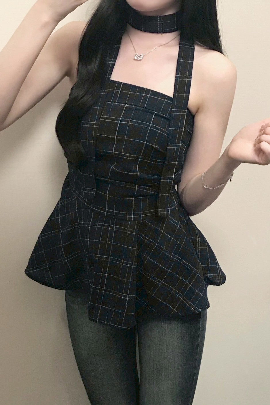 チェックペプラムホルタートップス KR12079