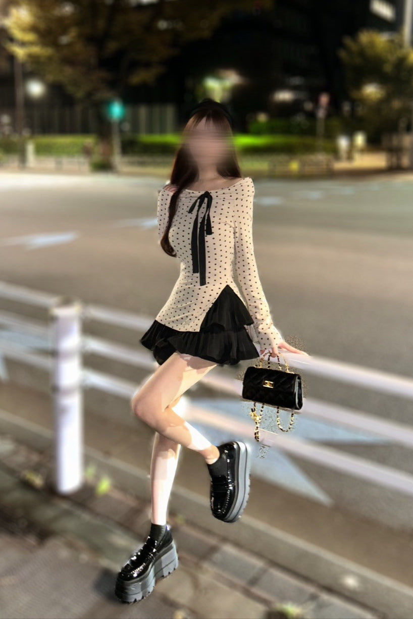 ドットワンオフショルリボントップス KR10362