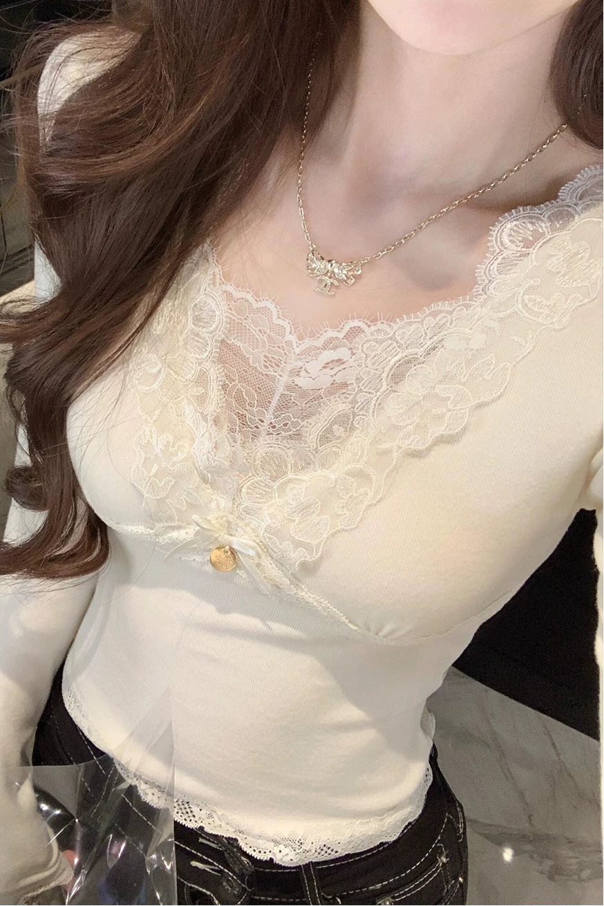 Vネックレーストリムフロントリボントップス KR16102