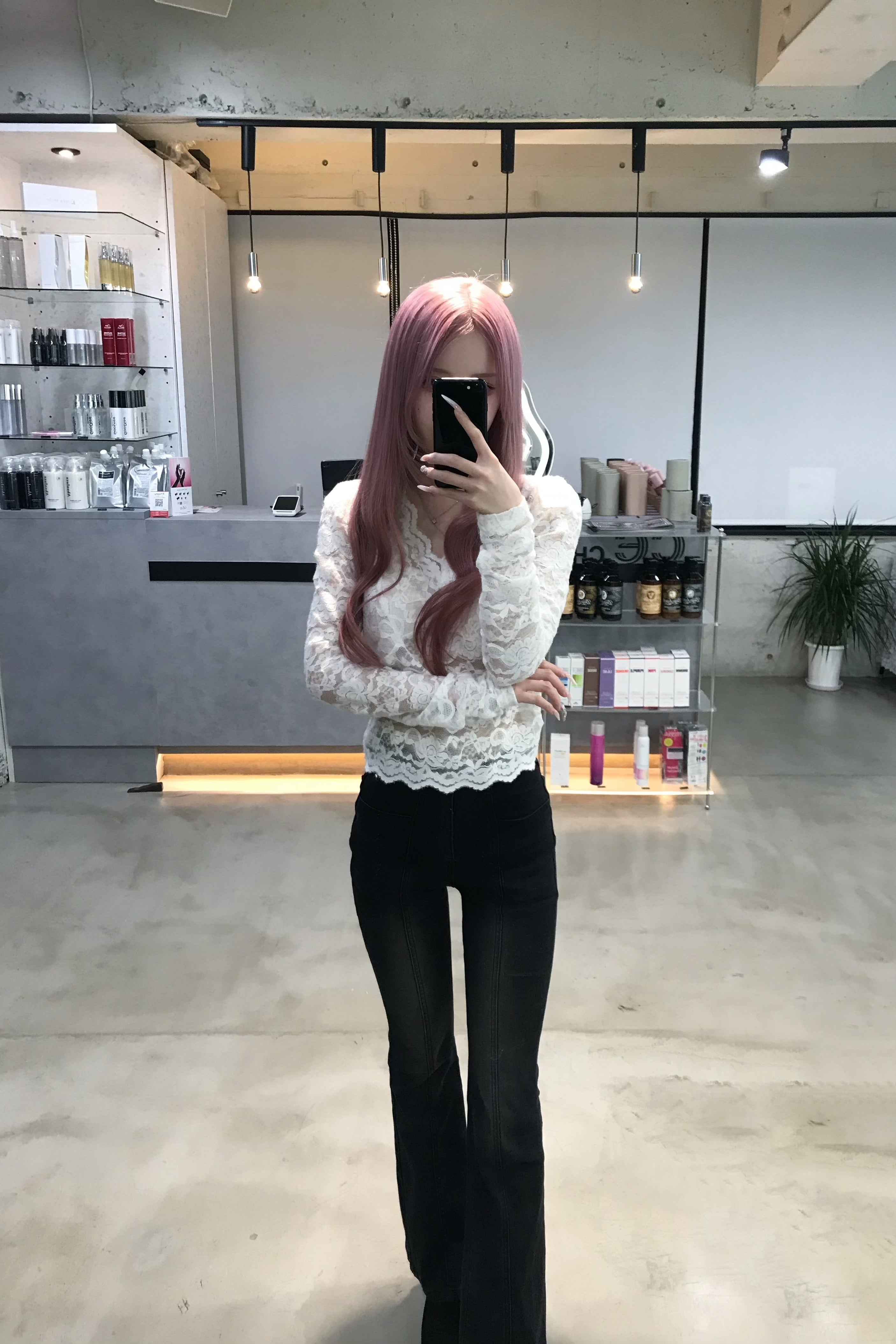 ディープVネックレーススリムトップス KR13997