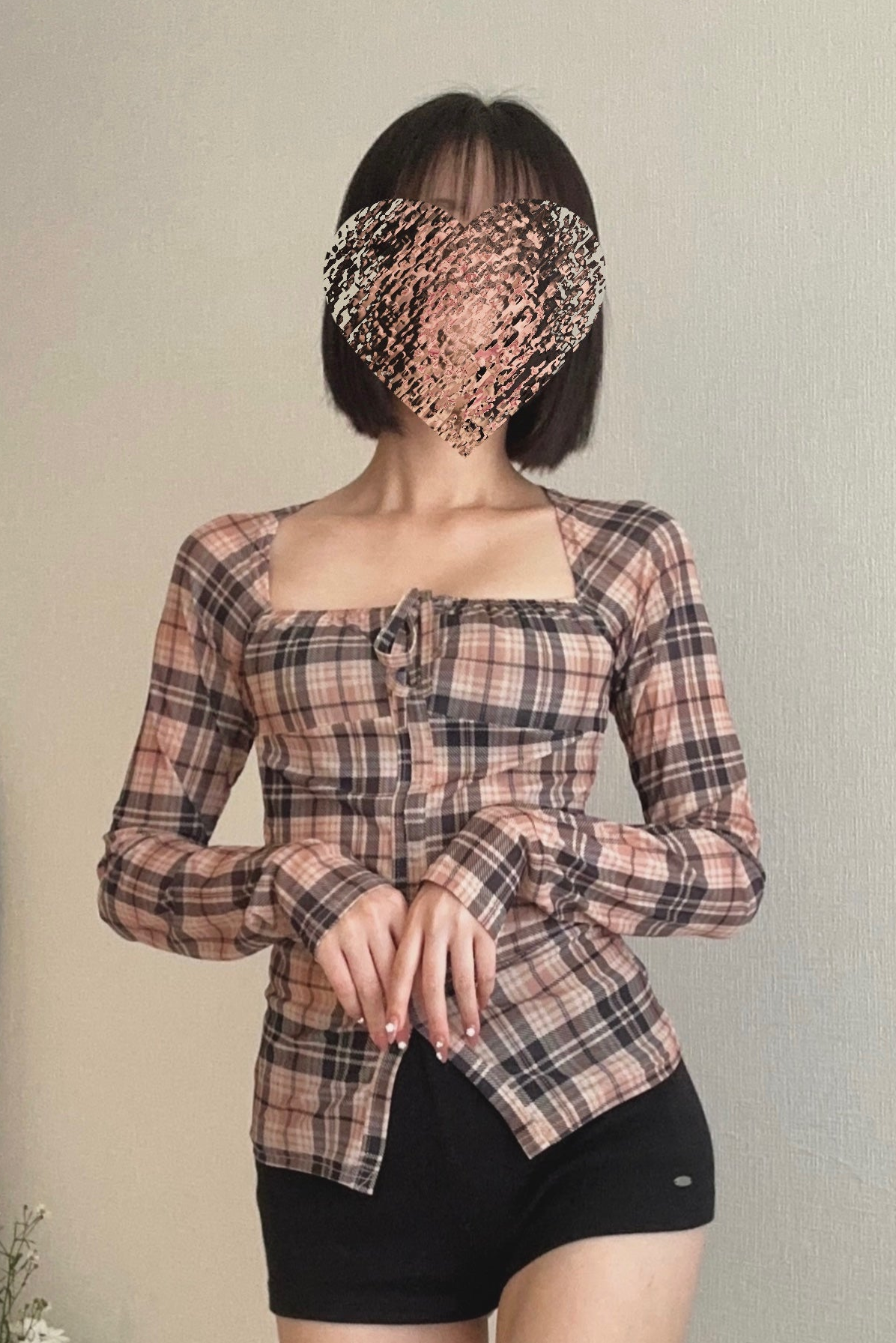 フロントリボンチェックトップス KR13473